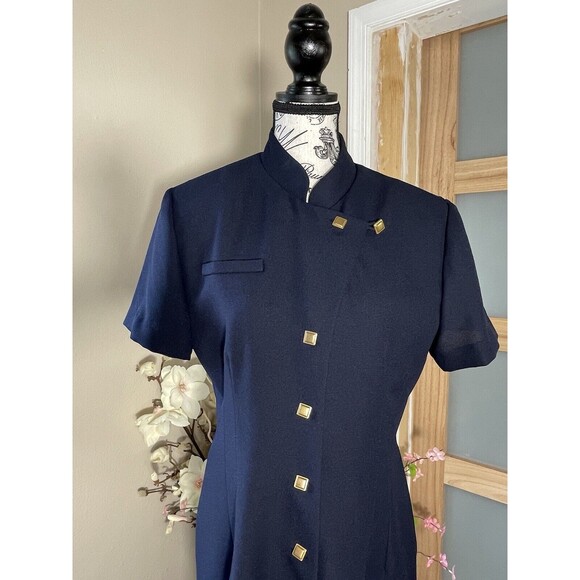 VTG 80s Jessica Howard Asymmetrical Closure Button Up Navy Blue Dress Sz 12 - Picture 3 of 11